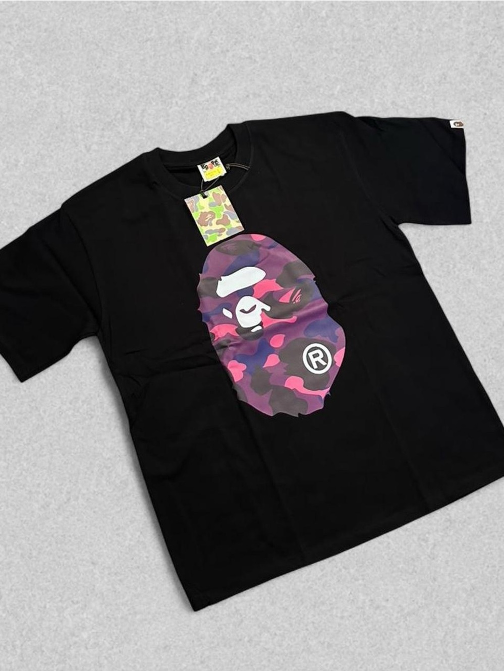 Bape Black Tee with Purple and Pink Camo Ape Head